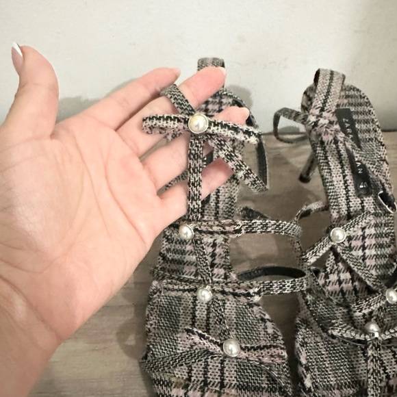 ZARA Fashion Checked Purple Black Pearl Heels size 40 bows preppy 9.5 - Picture 4 of 8